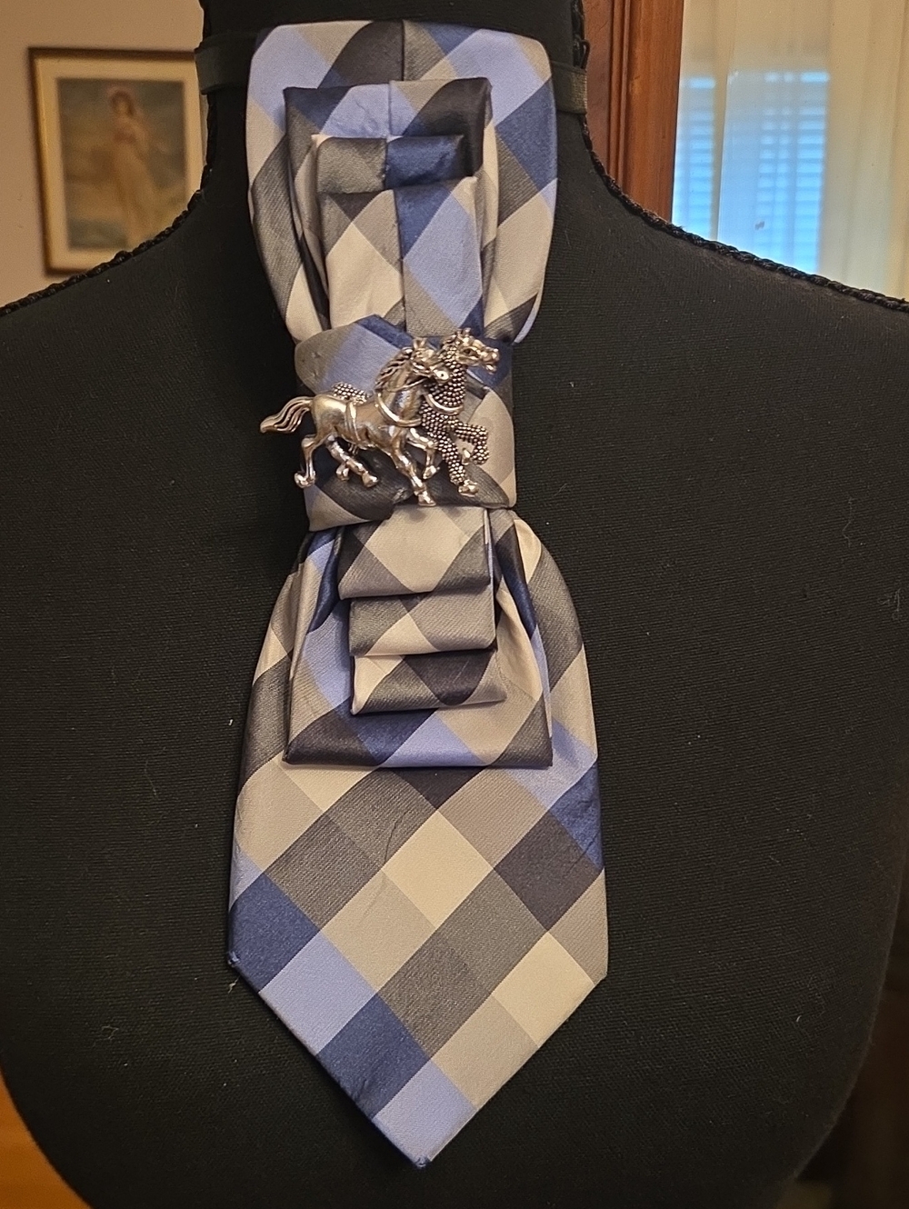 Classic Blue and Gray Plaid Cravat with Silver Horse Pin
